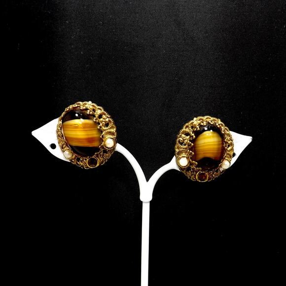 West Germany Art Glass Clip Earrings, Filigree Background, 1950s Vintage Jewelry - Picture 2 of 10